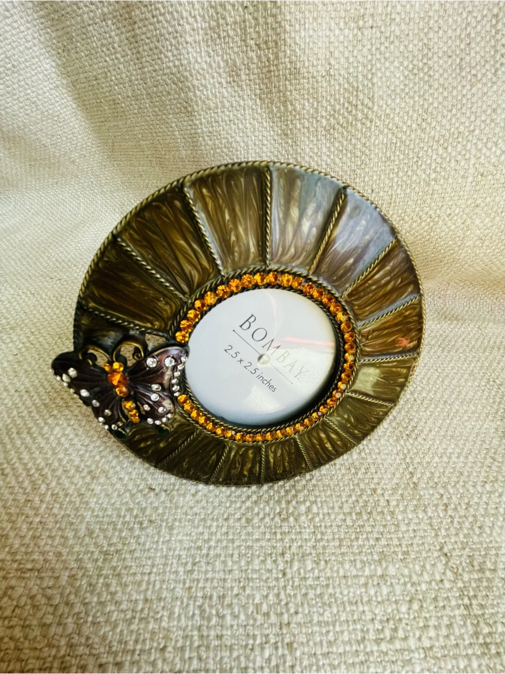 Round Butterfly Jeweled Metal Easel Picture Frame Fits 2.5